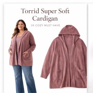 Torrid Super Soft Plush Hooded Cardigan Duster Rose Mauve Open Front Cozy Pocket